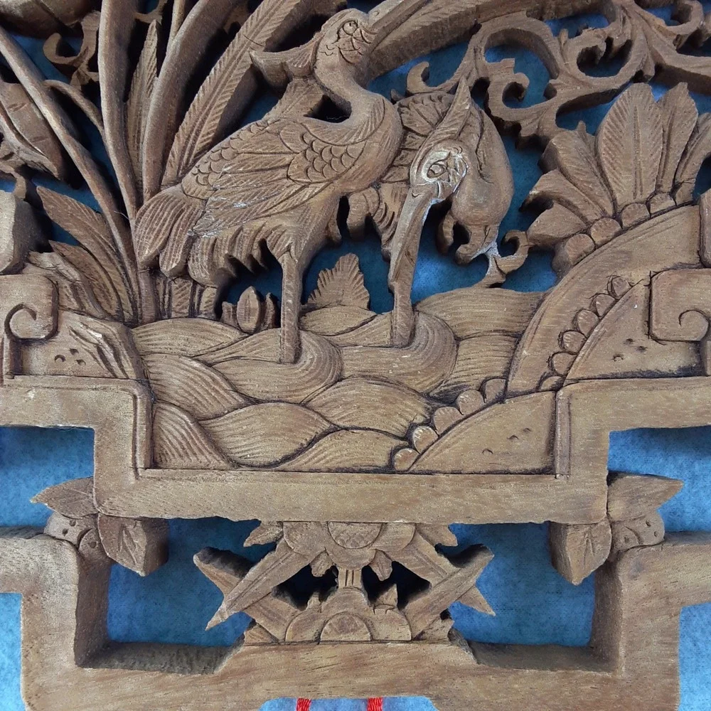 Vintage Hand Carved Wood Chinese Wall Plaque Crane Lotus Relief Art Decor 14X10